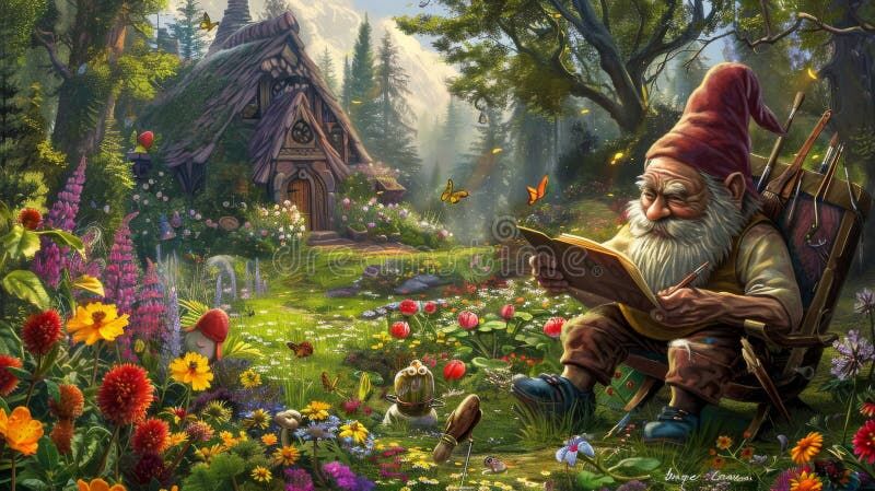 A wise gnome sits reading a book in a sunlit forest glade surrounded by wildflowers and a whimsical cottage